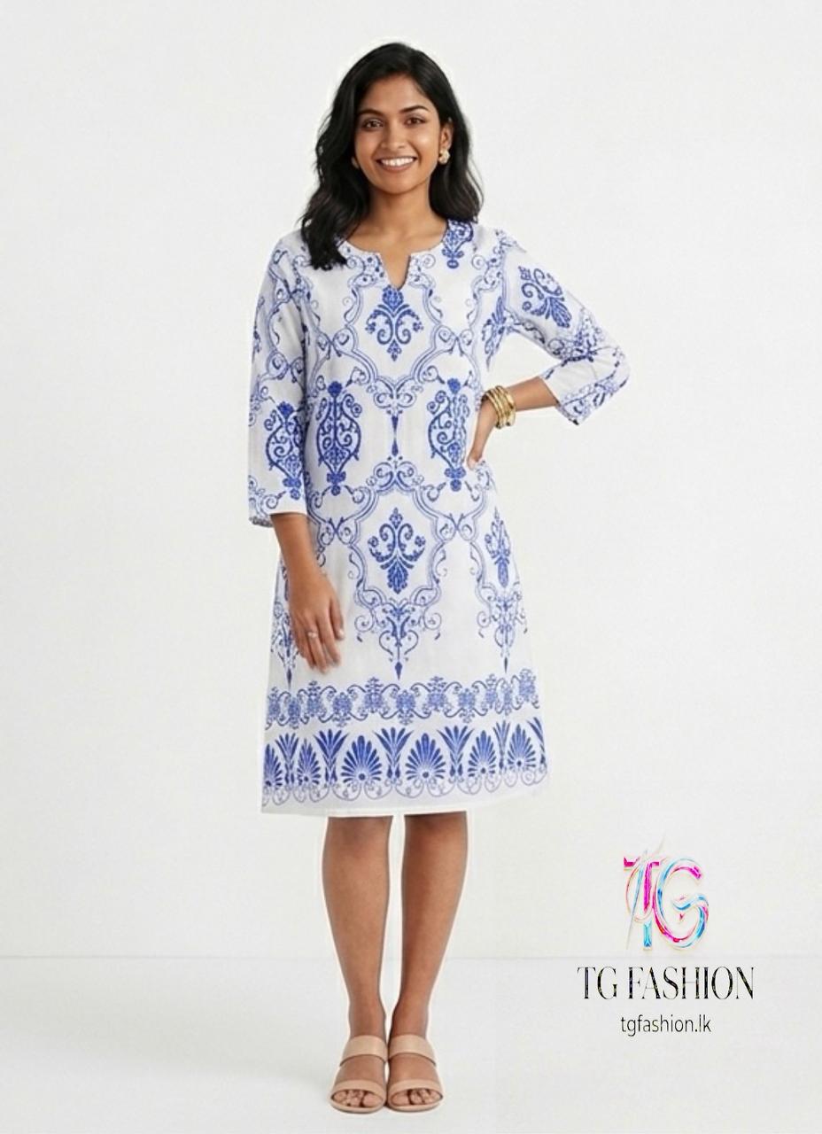 White & Cobalt Blue Ethnic Motif Dress
